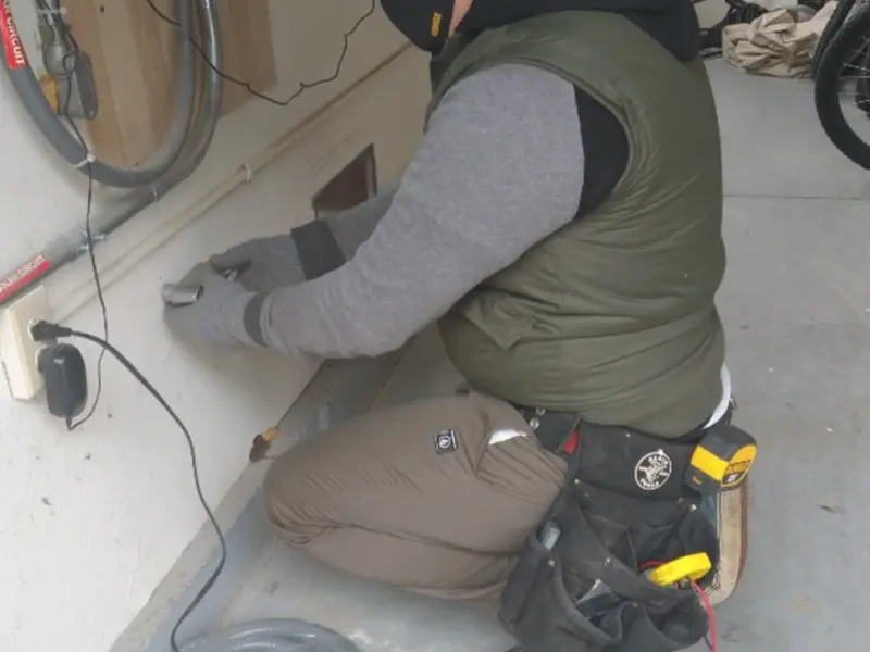 Electrician performing outlet wiring in a Coarsegold garage